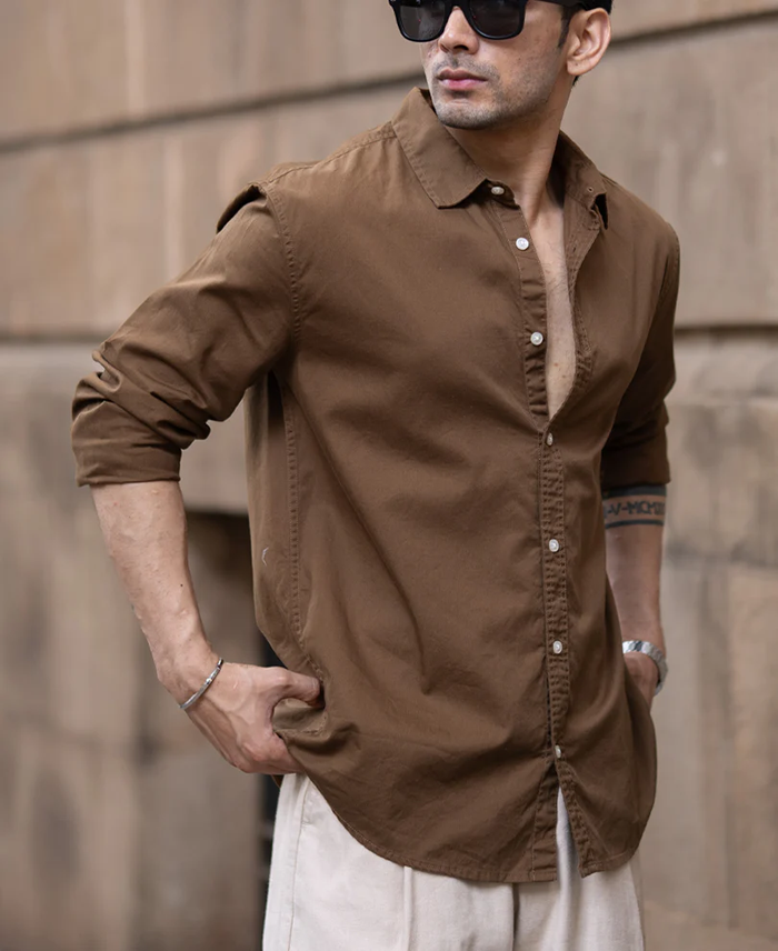 Powerlook Tan Brown Washed Cotton Shirt