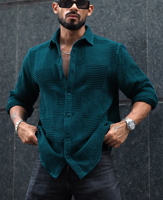 Powerlook Teal Blue Waffle Textured Regular Fit Full Sleeve Shirt
