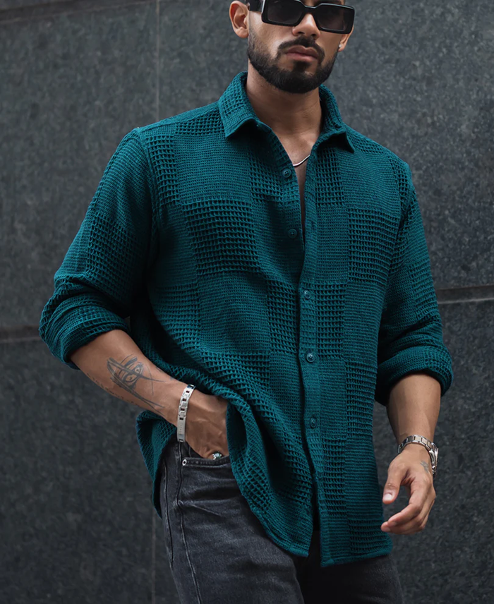 Powerlook Teal Blue Waffle Textured Regular Fit Full Sleeve Shirt