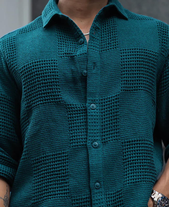 Powerlook Teal Blue Waffle Textured Regular Fit Full Sleeve Shirt