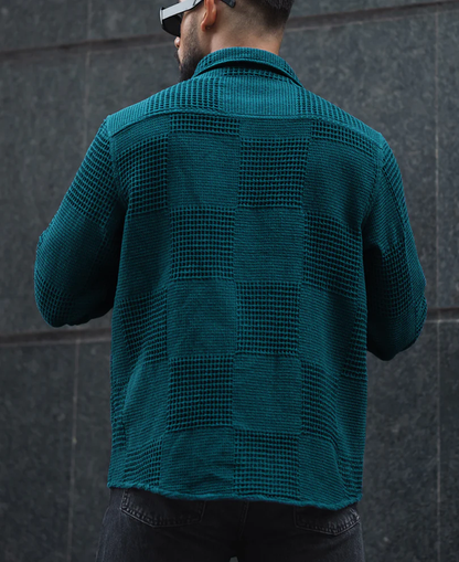 Powerlook Teal Blue Waffle Textured Regular Fit Full Sleeve Shirt