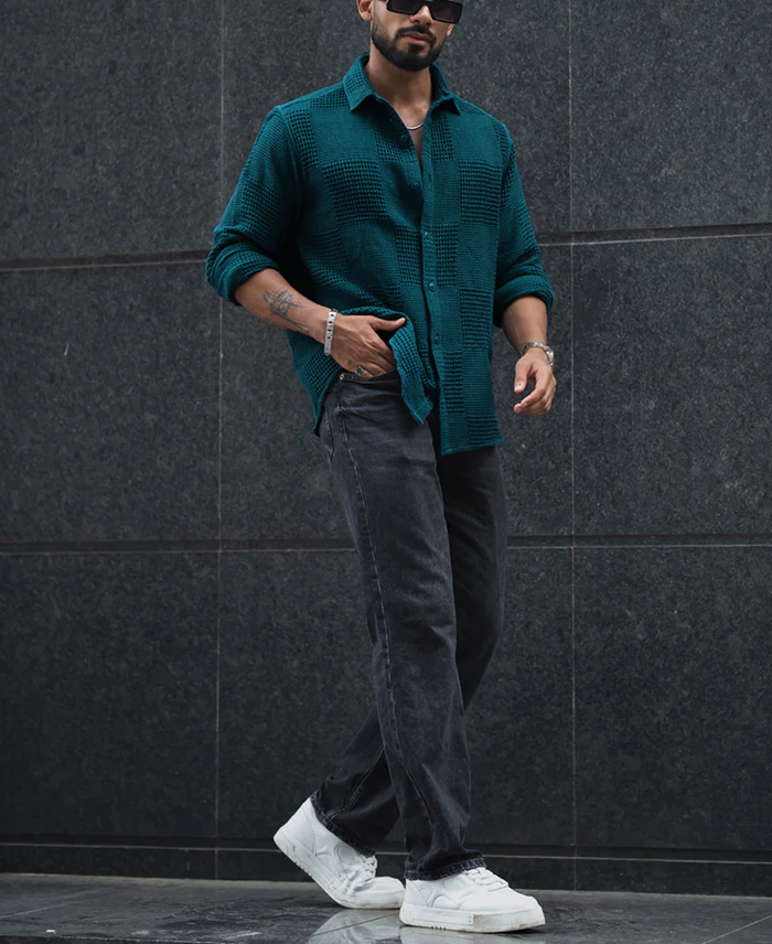 Powerlook Teal Blue Waffle Textured Regular Fit Full Sleeve Shirt