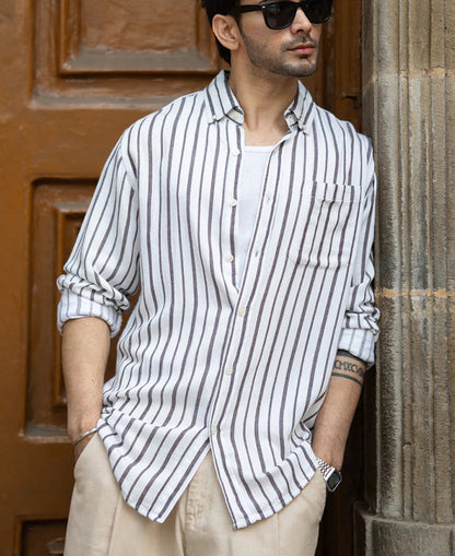 Powerlook White Striped Linen Blend Shirt