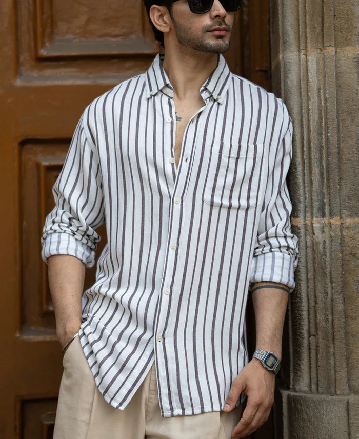 Powerlook White Striped Linen Blend Shirt