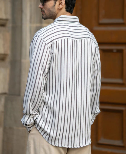 Powerlook White Striped Linen Blend Shirt