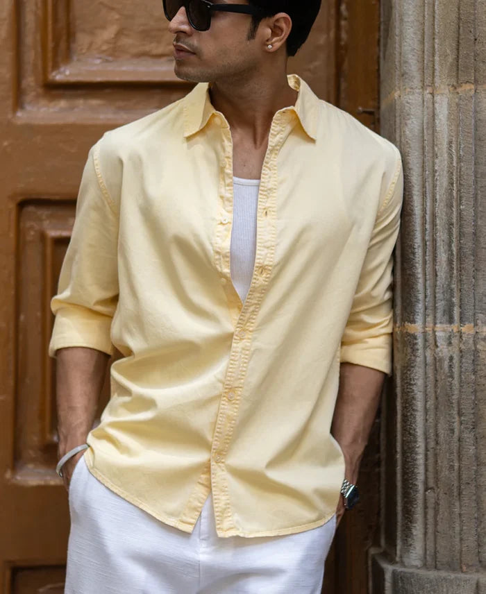 Powerlook Yellow Overdyed Textured Cotton Shirt