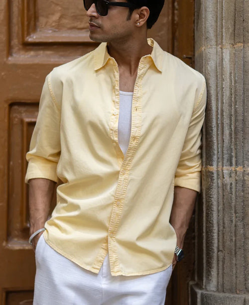 Powerlook Yellow Overdyed Textured Cotton Shirt