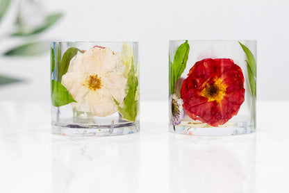 Landscape photo of a pressed flower resin large ring holder with vibrant dried tropical flowers