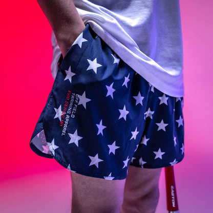 Adult model wearing navy Pro Series Freedom shorts