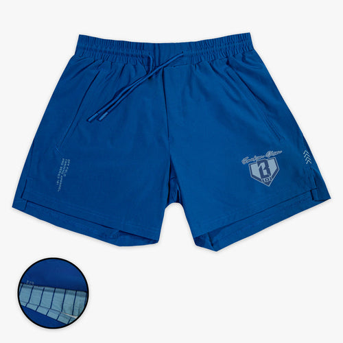 Blue shorts with a small BL101 Jackson Olson logo on a white background
