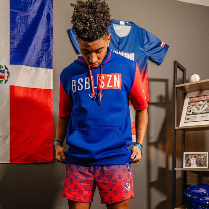 Adult model wearing multi-color Pro Series with Liner Dominican Republic shorts
