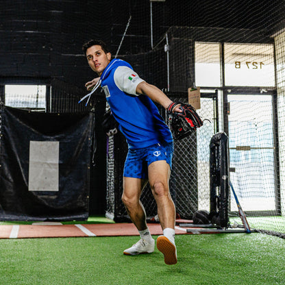 Adult model wearing blue Pro Series with Liner Italy shorts