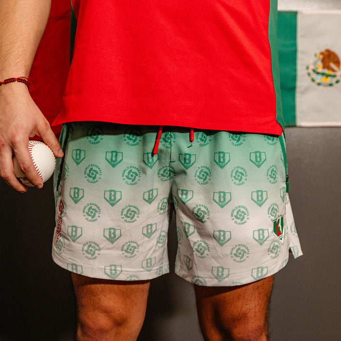 Adult model wearing green Pro Series with Liner Mexico shorts