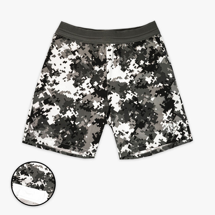 Digital camouflage shorts on a white background with a close-up inset.