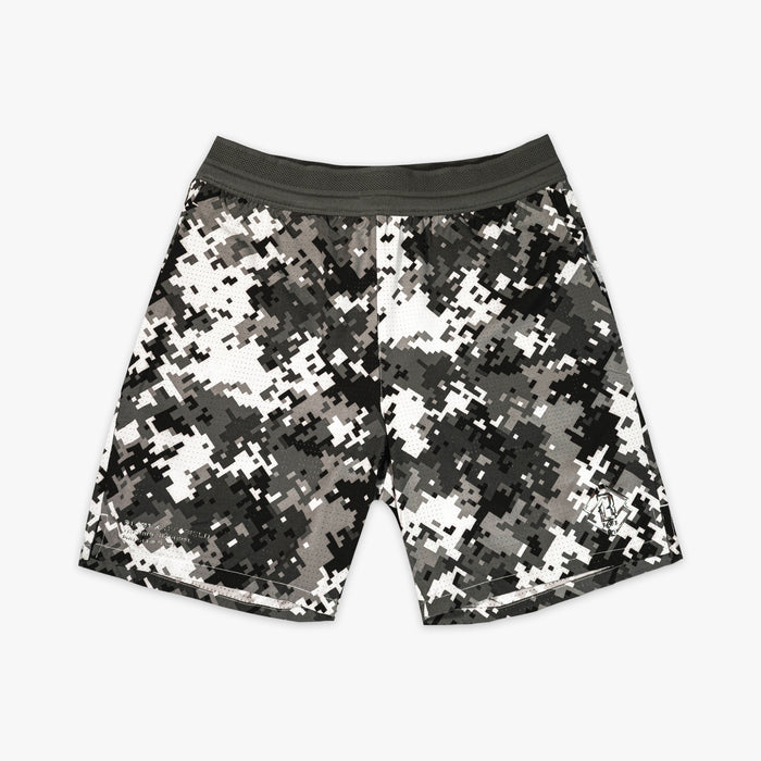 Digital camouflage shorts on a white background