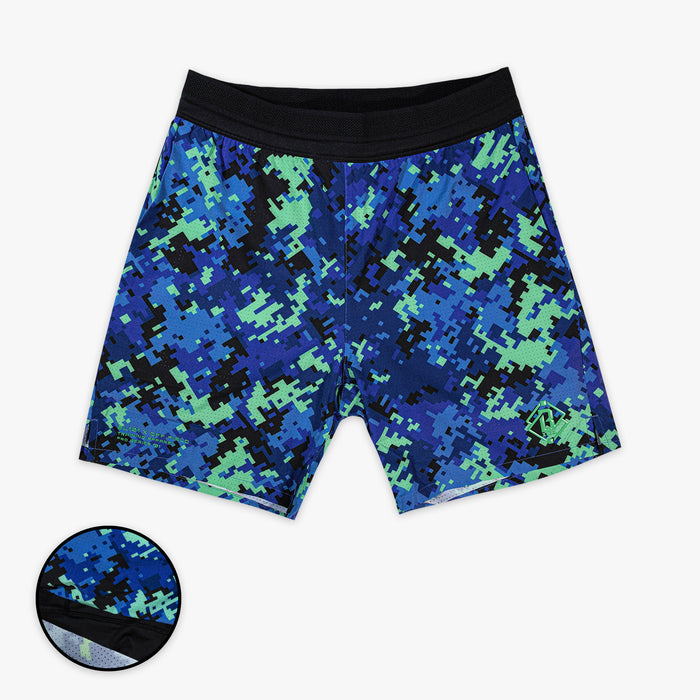 Blue and green camouflage shorts on a white background