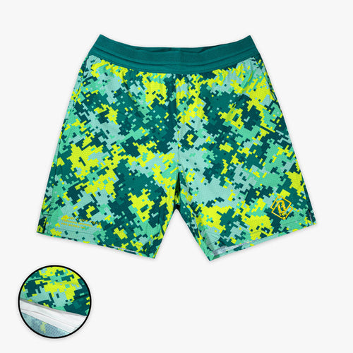 Green and yellow camouflage shorts on a white background