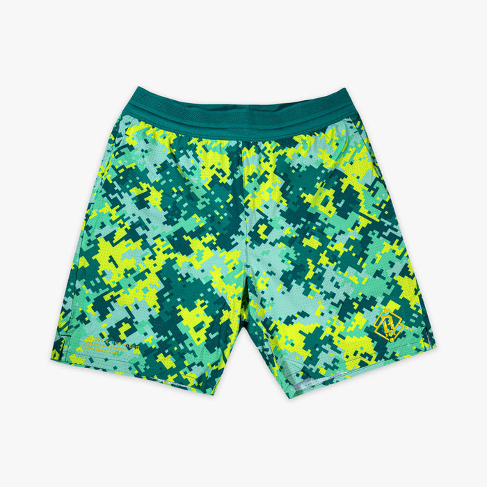 Green and yellow camouflage shorts on a white background