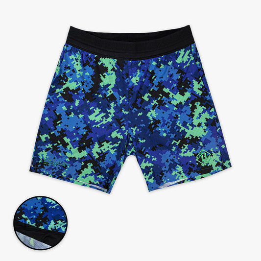 Blue and green camouflage shorts on a white background