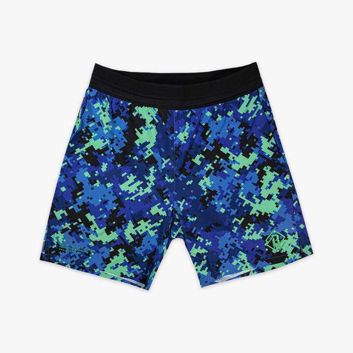 Blue and green digital camouflage shorts on a white background