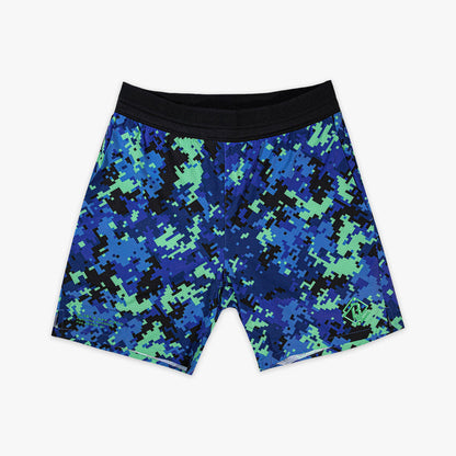 Blue and green digital camouflage shorts on a white background