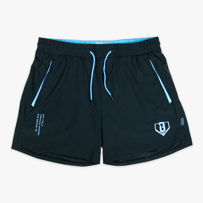 Black and light blue Pro Series youth shorts — front view