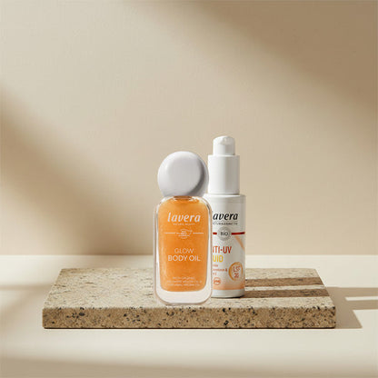 Glow Body Oil -Honey Glow- und Anti UV Fluid LSF 30 (AI-generated image)
