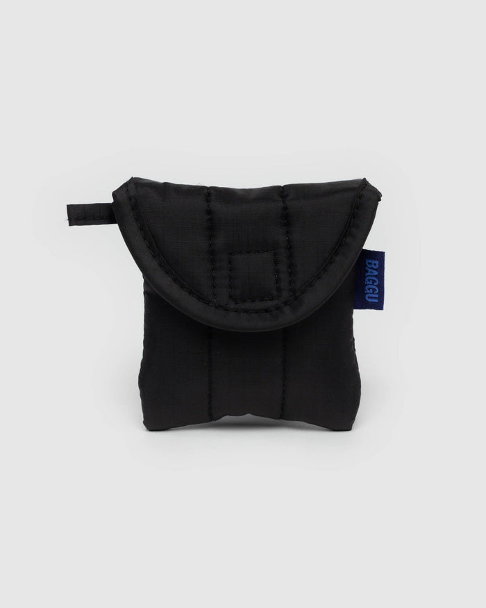 Black puffy earbuds case with a rounded padded flap and visible stitching