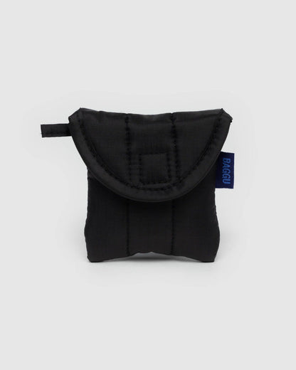 Black puffy earbuds case with a rounded padded flap and visible stitching
