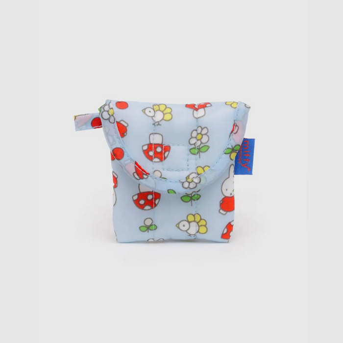 Light blue puffy earbuds case with colorful cartoon insect and flower pattern