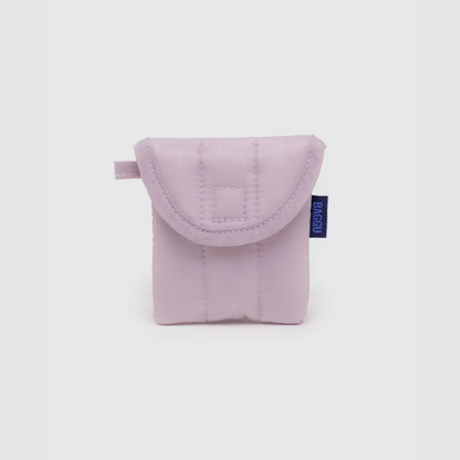 Light purple puffy earbuds case with a rounded padded flap and stitched panel detail