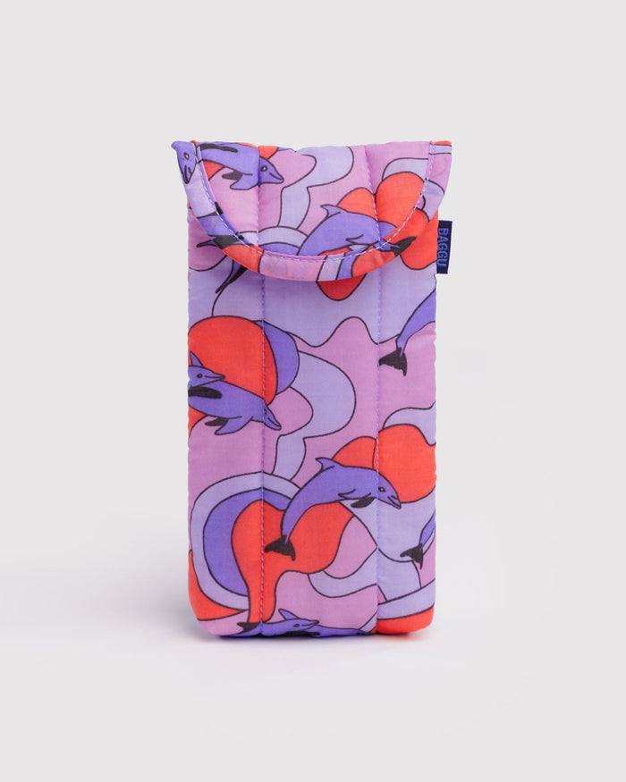 Puffy purple glasses sleeve with colorful dolphin print