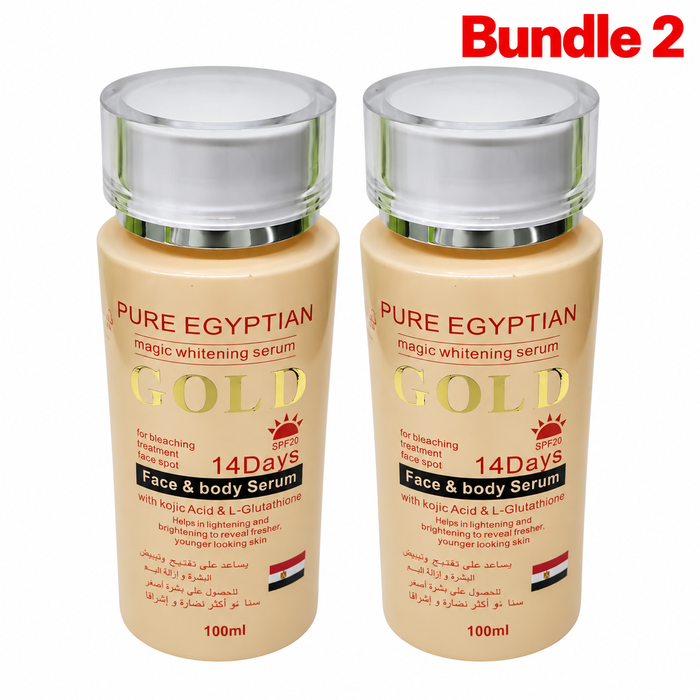 Pure Egyptian Magic Whitening Serum Gold, concentrated brightening skincare serum designed to moisturize and soften skin while helping improve the appearance of uneven skin tone for a smoother, brighter, and radiant-looking complexion.