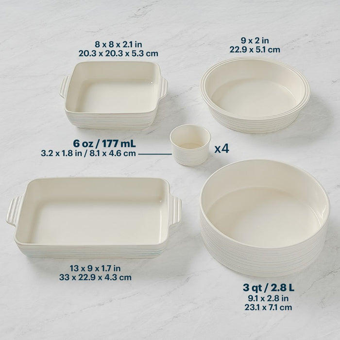 Set of ceramic dishes with measurements on a white background