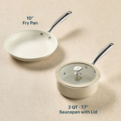 10-inch fry pan and 2-quart saucepan with lid on a beige background