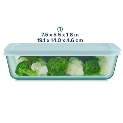 Rectangular glass food container with vegetables inside, showing dimensions on a white background