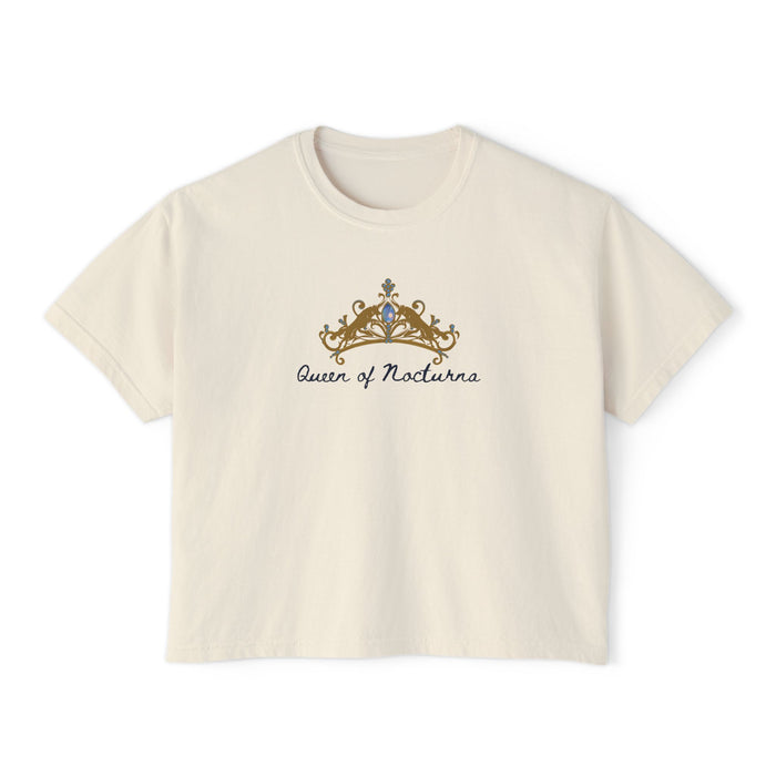 Thtgrlreads Wolves of Ruin collection cream Comfort Colors crop top featuring a vintage-style golden crown graphic with "Queen of Nocturna" script in elegant font.