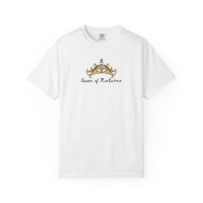White Comfort Colors graphic tee by thtgrlreads featuring a detailed vintage crown graphic with scripted "Queen of Nocturna" text, from Tees and Wolves of Ruin collections.