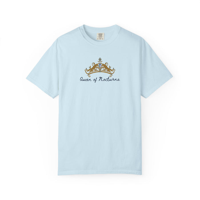 Light blue Comfort Colors graphic tee from thtgrlreads featuring a vintage-style golden crown and gothic script font text inspired by the Wolves of Ruin collection.