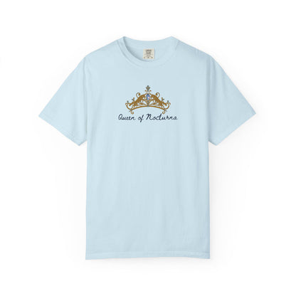 Light blue Comfort Colors graphic tee from thtgrlreads featuring a vintage-style golden crown and gothic script font text inspired by the Wolves of Ruin collection.
