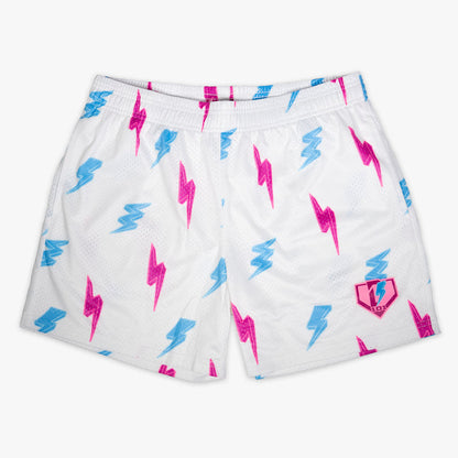 White Rain Delay Lightning Bolt youth shorts — front view