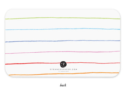 Notepad back with horizontal colored stripes and small logo