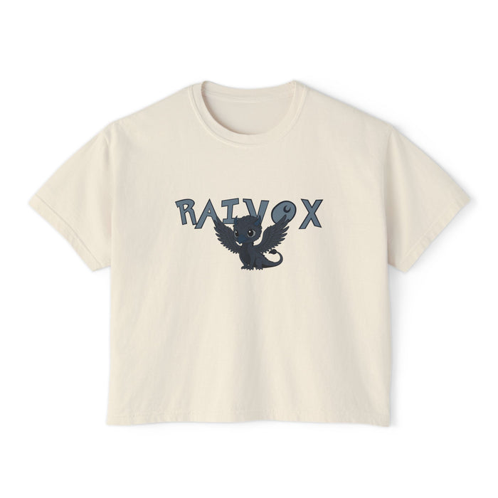 thtgrlreads cropped Comfort Colors graphic tee featuring a vintage wash and a central printed design of a black flying dragon with the text "RAIVOX" in bold stylized letters above.