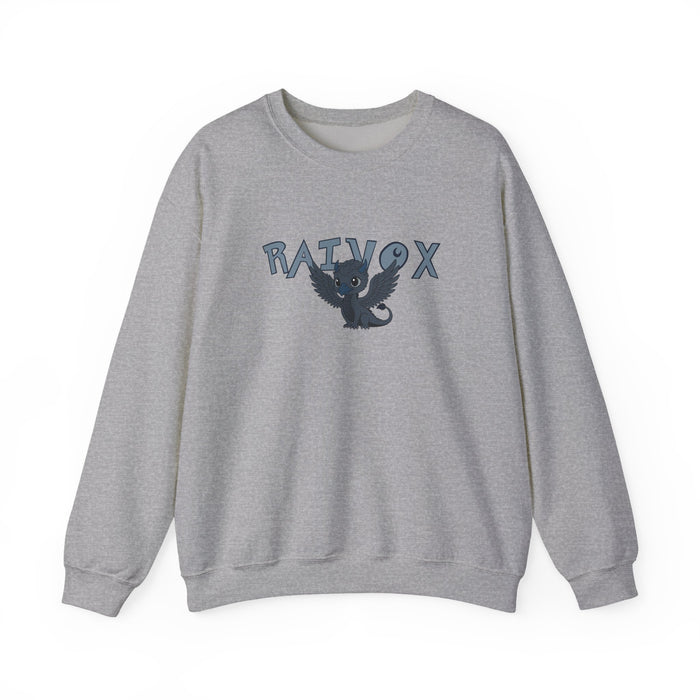 A light gray Comfort Colors oversized crewneck sweatshirt featuring a vintage puff print graphic of a small black dragon with wings and the stylized text "RAIVOX" above it.