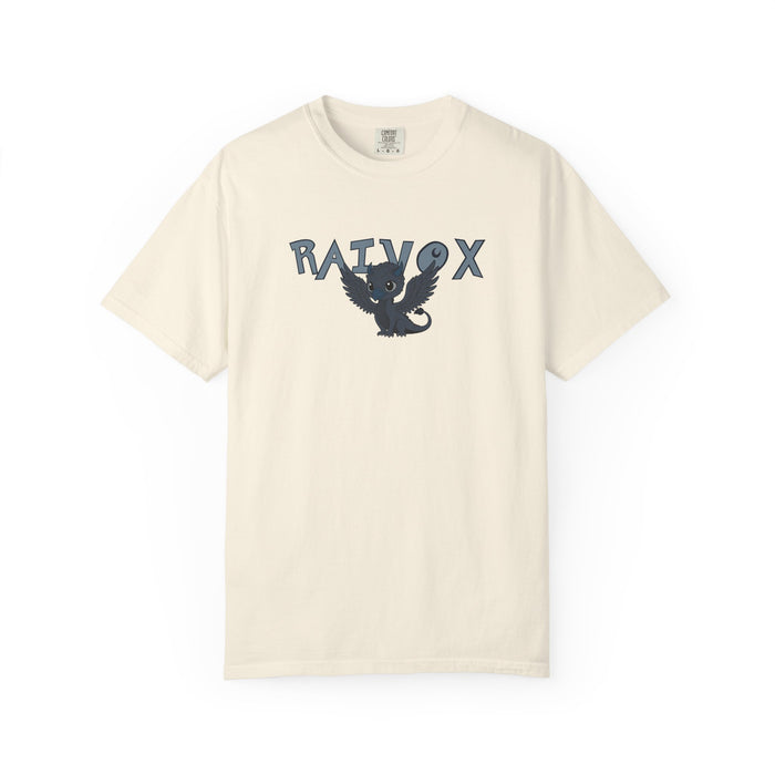 thtgrlreads Comfort Colors graphic tee from The Eating Woods collection featuring a vintage wash cream fabric with a playful Raivox black dragon graphic and bold text design, ideal for fans of romantasy apparel and officially licensed bookish merch.