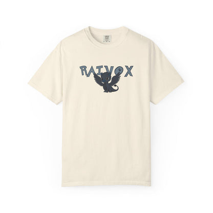 thtgrlreads Comfort Colors graphic tee from The Eating Woods collection featuring a vintage wash cream fabric with a playful Raivox black dragon graphic and bold text design, ideal for fans of romantasy apparel and officially licensed bookish merch.