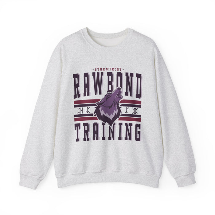 Thtgrlreads Wolves of Ruin collection oversized crewneck sweatshirt in vintage-washed light gray Comfort Colors fabric featuring bold Rawbond Training graphic with a purple howling wolf and stylized text.
