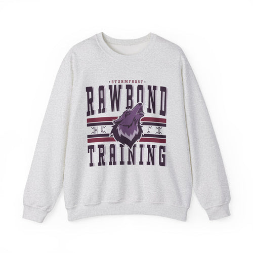 Thtgrlreads Wolves of Ruin collection oversized crewneck sweatshirt in vintage-washed light gray Comfort Colors fabric featuring bold Rawbond Training graphic with a purple howling wolf and stylized text.