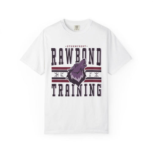 White Comfort Colors graphic tee from thtgrlreads featuring Wolves of Ruin collection, with bold "Rawbond Training" text and a stylized howling wolf graphic.