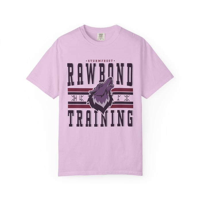 A vintage wash Comfort Colors graphic tee in soft lavender from thtgrlreads featuring a bold "Rawbond Training" design with a stylized howling wolf, part of the Wolves of Ruin collection.
